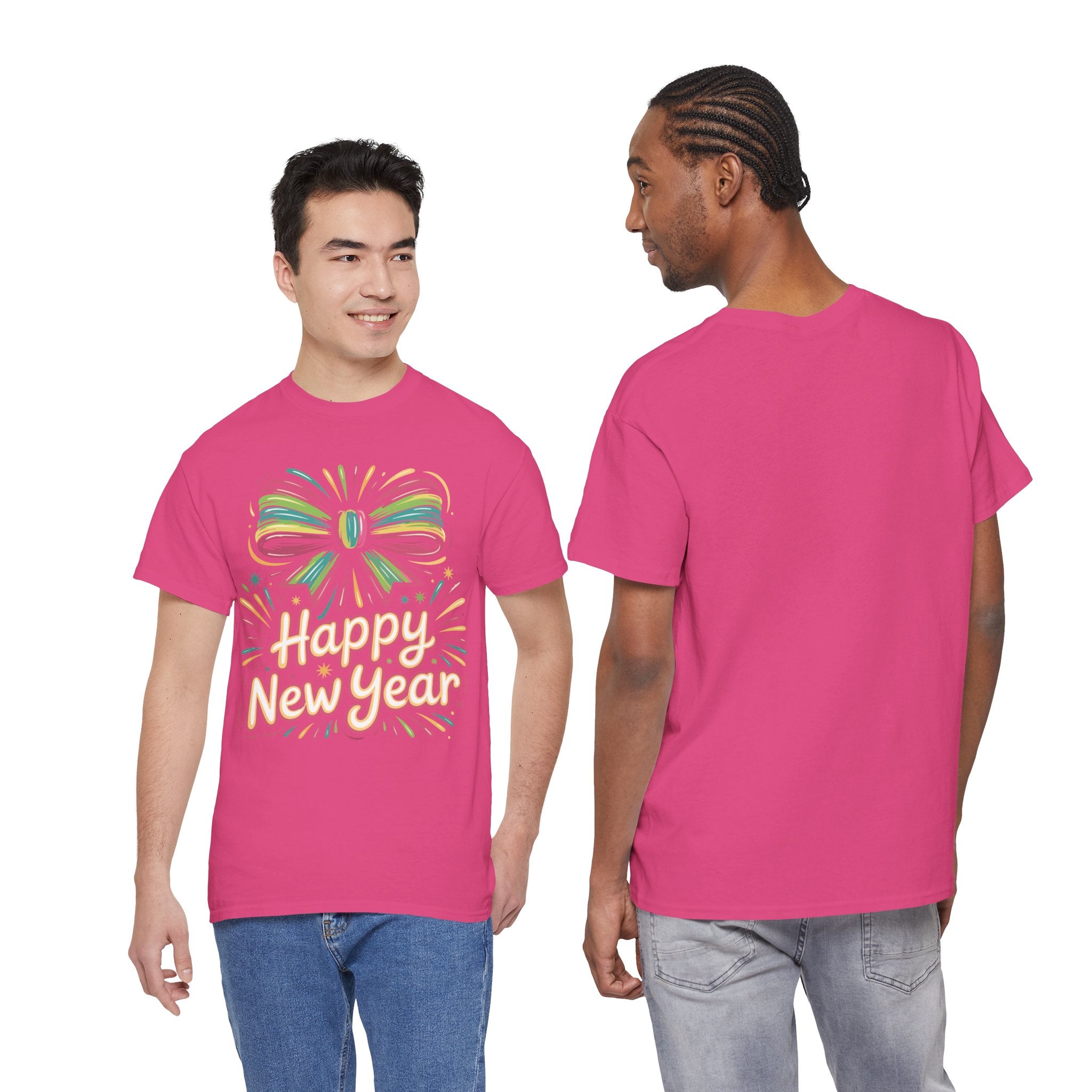 Happy New Year Pastel Tee — Rainbow Bow & Fireworks Celebration Unisex Cotton Tshirt