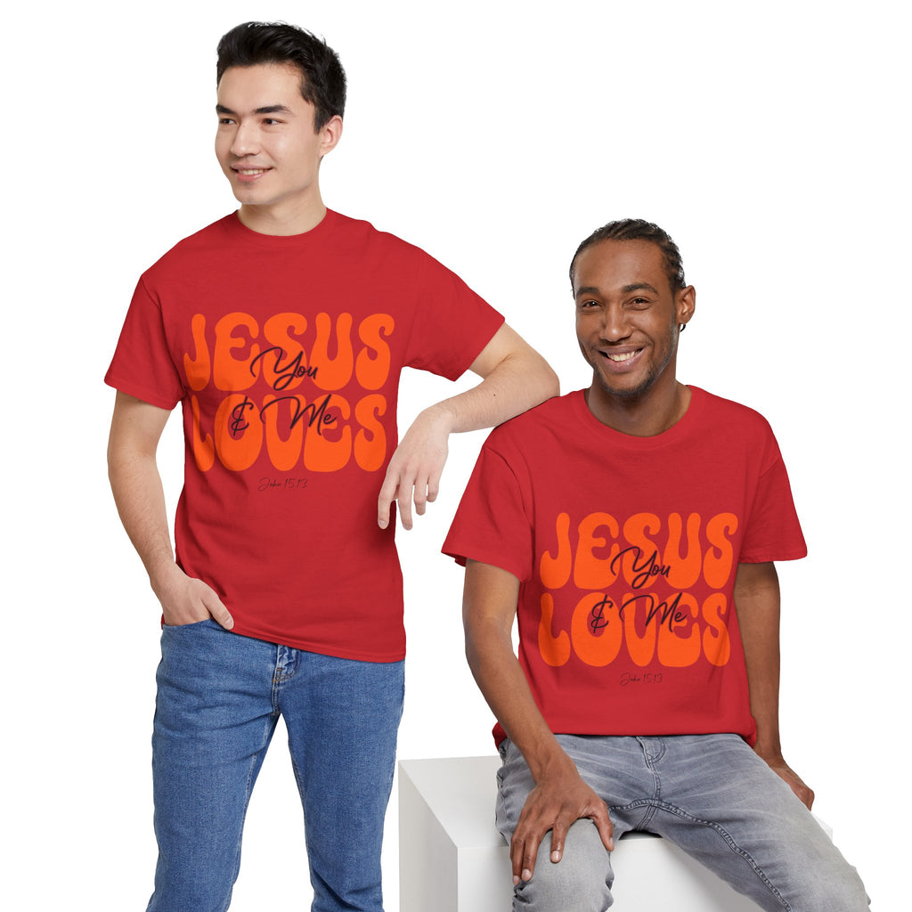 Jesus Loves You & Me Retro Tee — Playful Orange Bubbly Christian Unisex Cotton T-Shirt