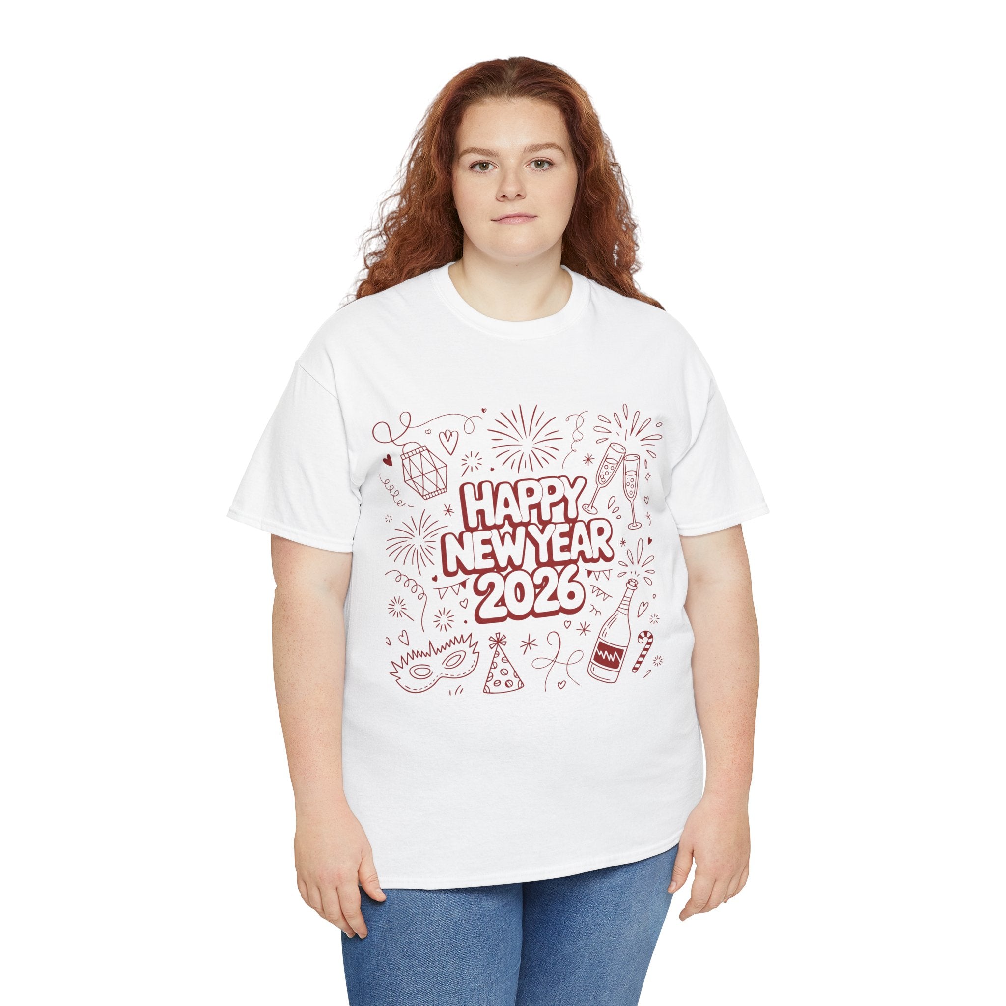 Happy New Year 2026 Doodle T-Shirt — Pink Party Icons & Champagne Unisex Cotton Tee