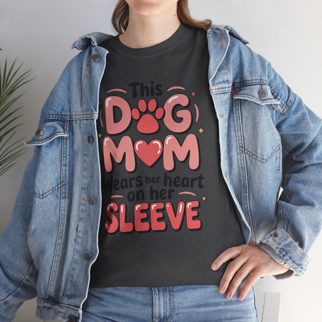 Dog Mom T-Shirt — "This Dog Mom Wears Her Heart on Her Sleeve" Paw & Heart Unisex Cotton Tee