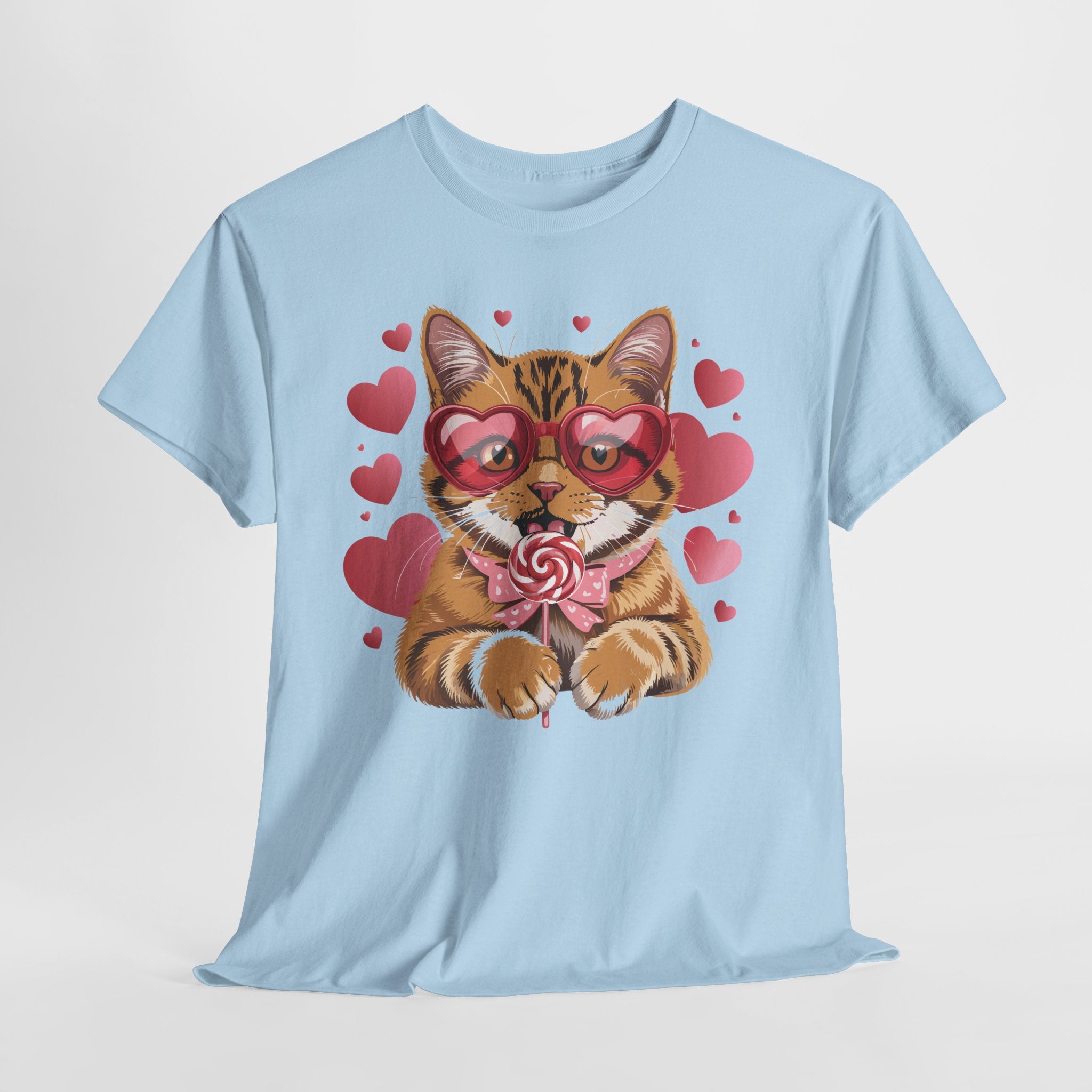 Valentine Cat Tee — Heart Glasses, Lollipop Bow Unisex Cotton Tee
