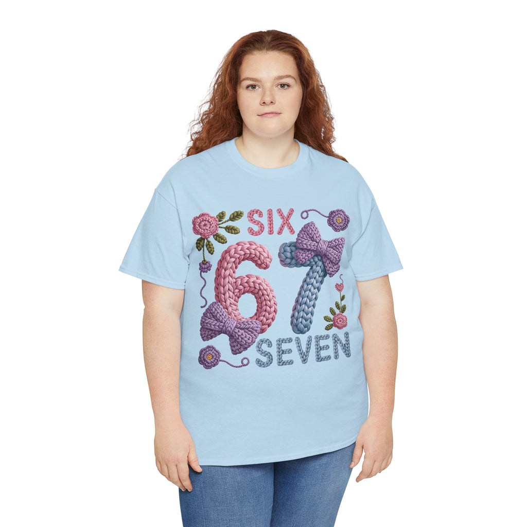 Pastel Crochet Numbers 6 & 7 Tee — Faux-Yarn Bows & Flowers. Unisex Cotton Tee