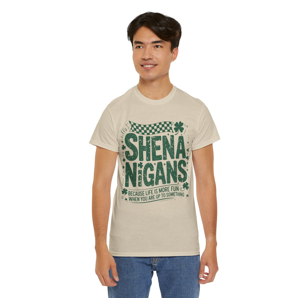 Shenanigans Clover Tee — Bright Green St. Patrick’s Day Shirt with Checkered Flag Unisex Cotton Tee