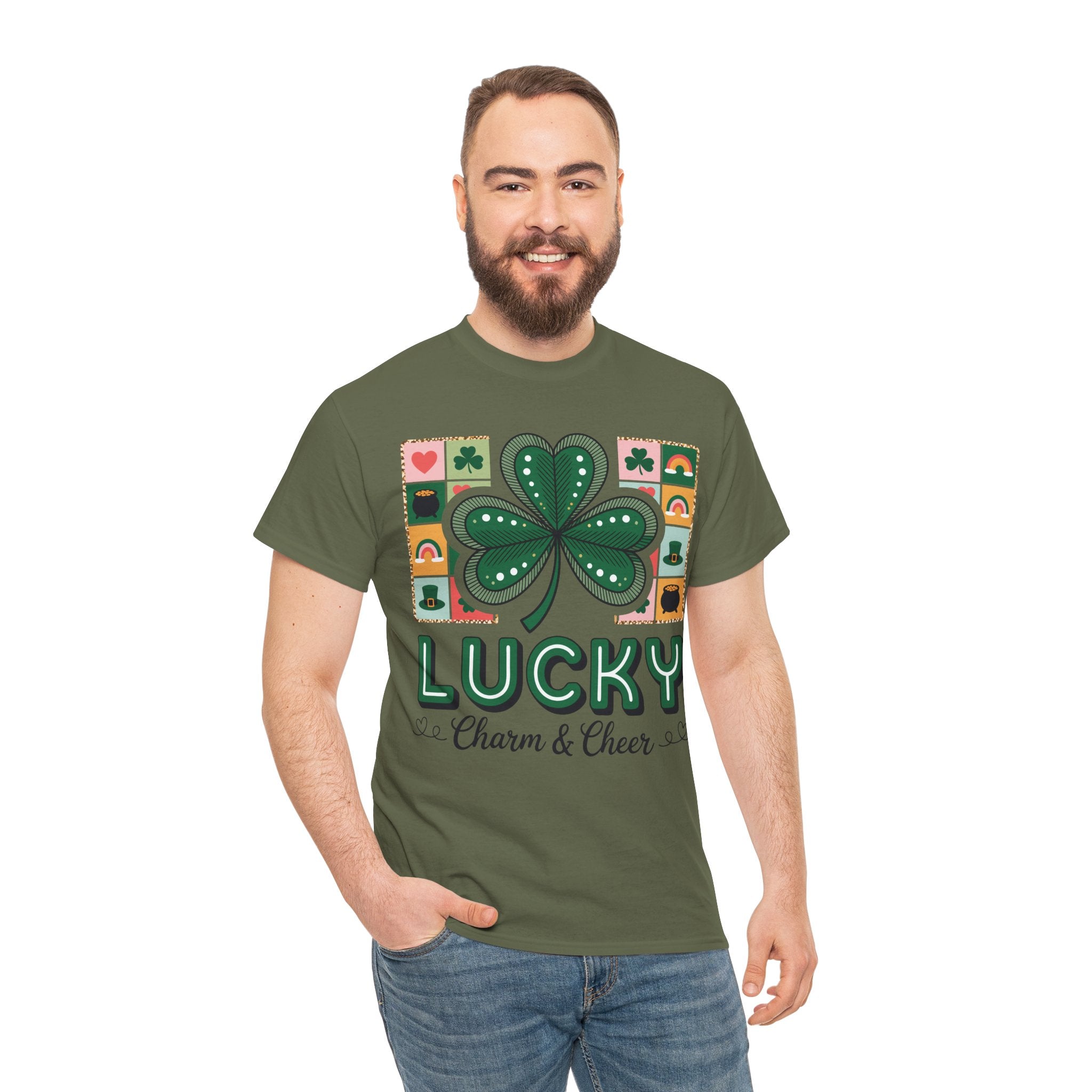 Lucky Charm & Cheer Clover Tee — Patchwork St. Patrick’s Day Unisex Cotton T-Shirt