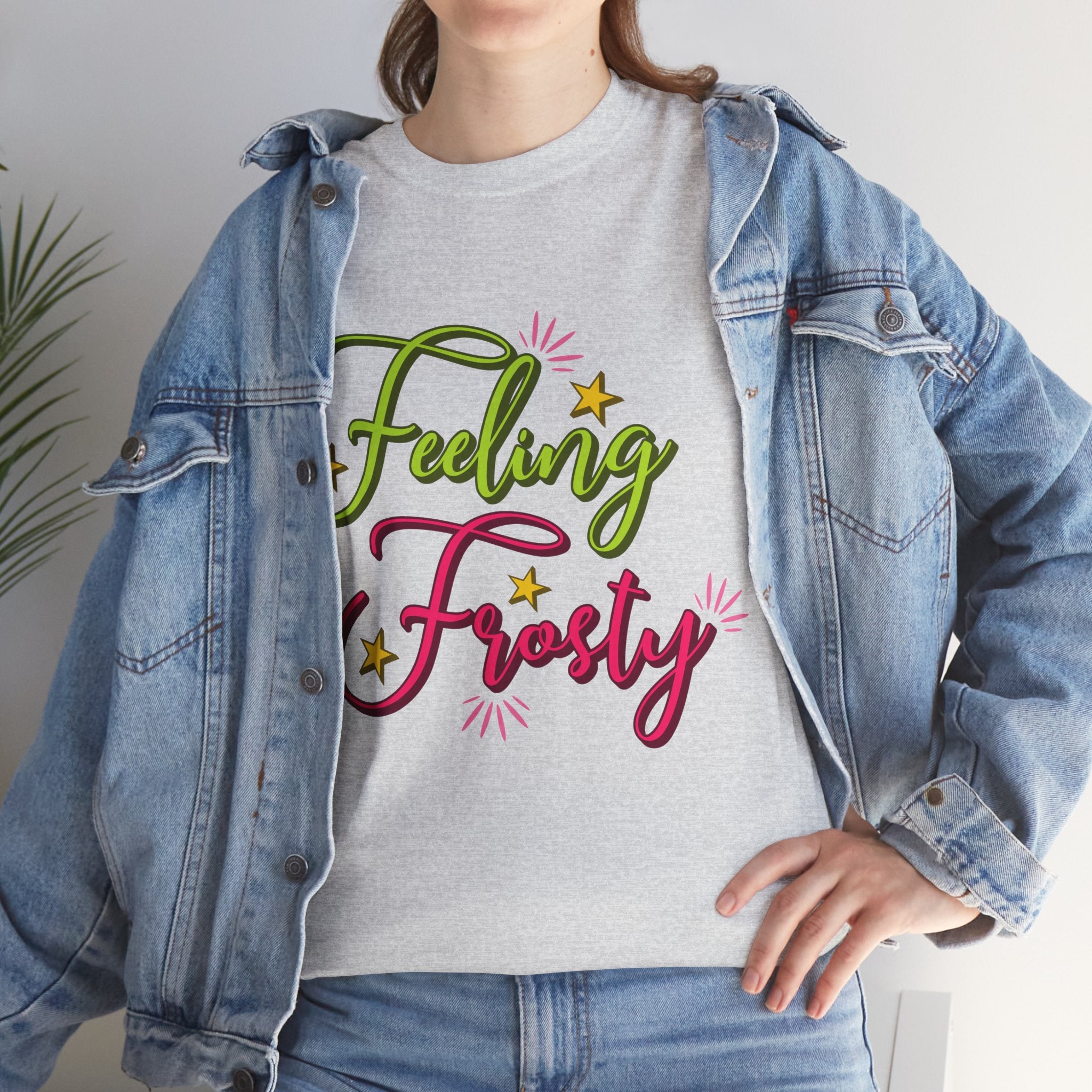 Feeling Frosty Holiday T-Shirt — Green & Pink Script Stars.Unisex Cotton Tee