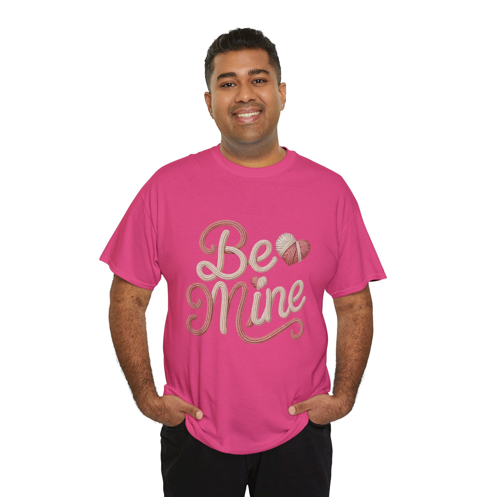 Be Mine Yarn Heart T-Shirt — Valentine’s Faux-Yarn Pink & Cream Unisex Cotton Tee