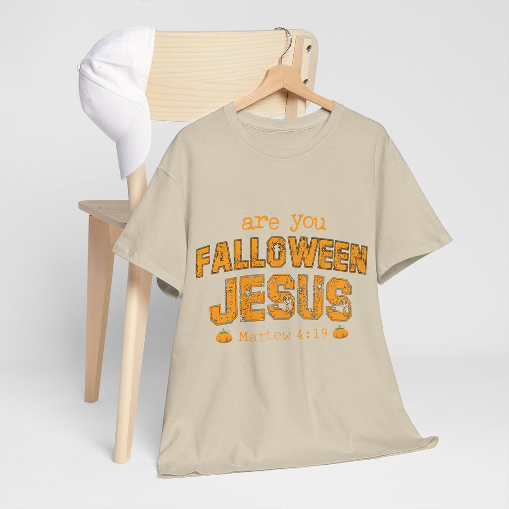 Christian Halloween T-Shirt — “Are You Falloween Jesus? Matthew 4:19” Distressed Pumpkin Design. Unisex Cotton Tee