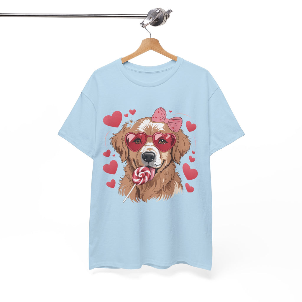 Valentine Dog T-Shirt — Cute Pup with Heart Glasses, Pink Bow & Lollipop..Unisex Cotton Tee