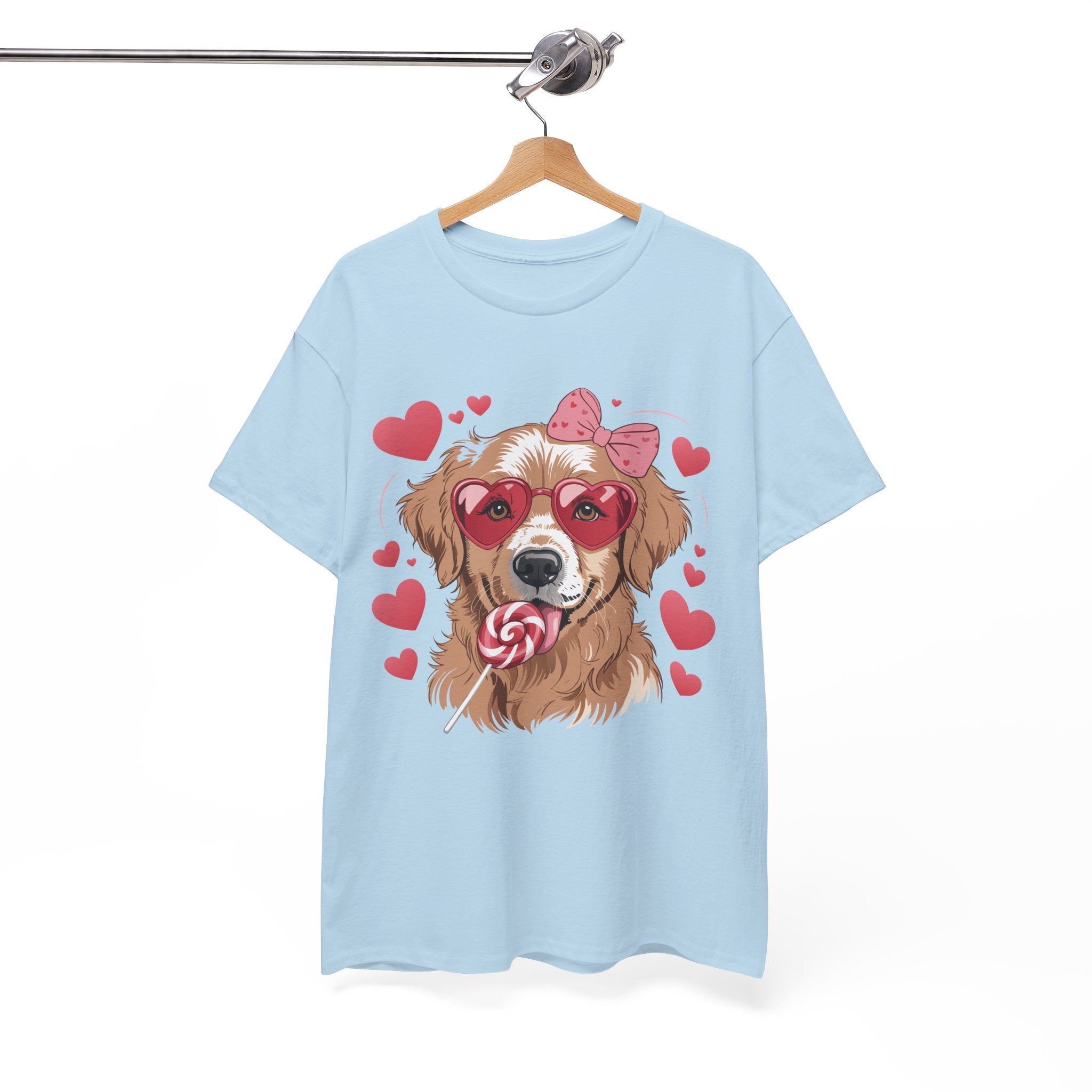 Valentine Dog T-Shirt — Cute Pup with Heart Glasses, Pink Bow & Lollipop..Unisex Cotton Tee