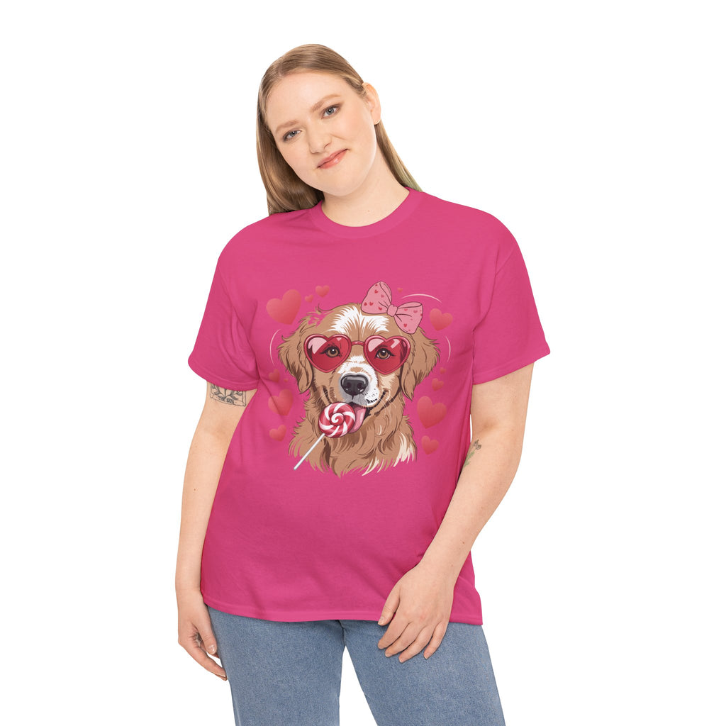 Valentine Dog T-Shirt — Cute Pup with Heart Glasses, Pink Bow & Lollipop..Unisex Cotton Tee