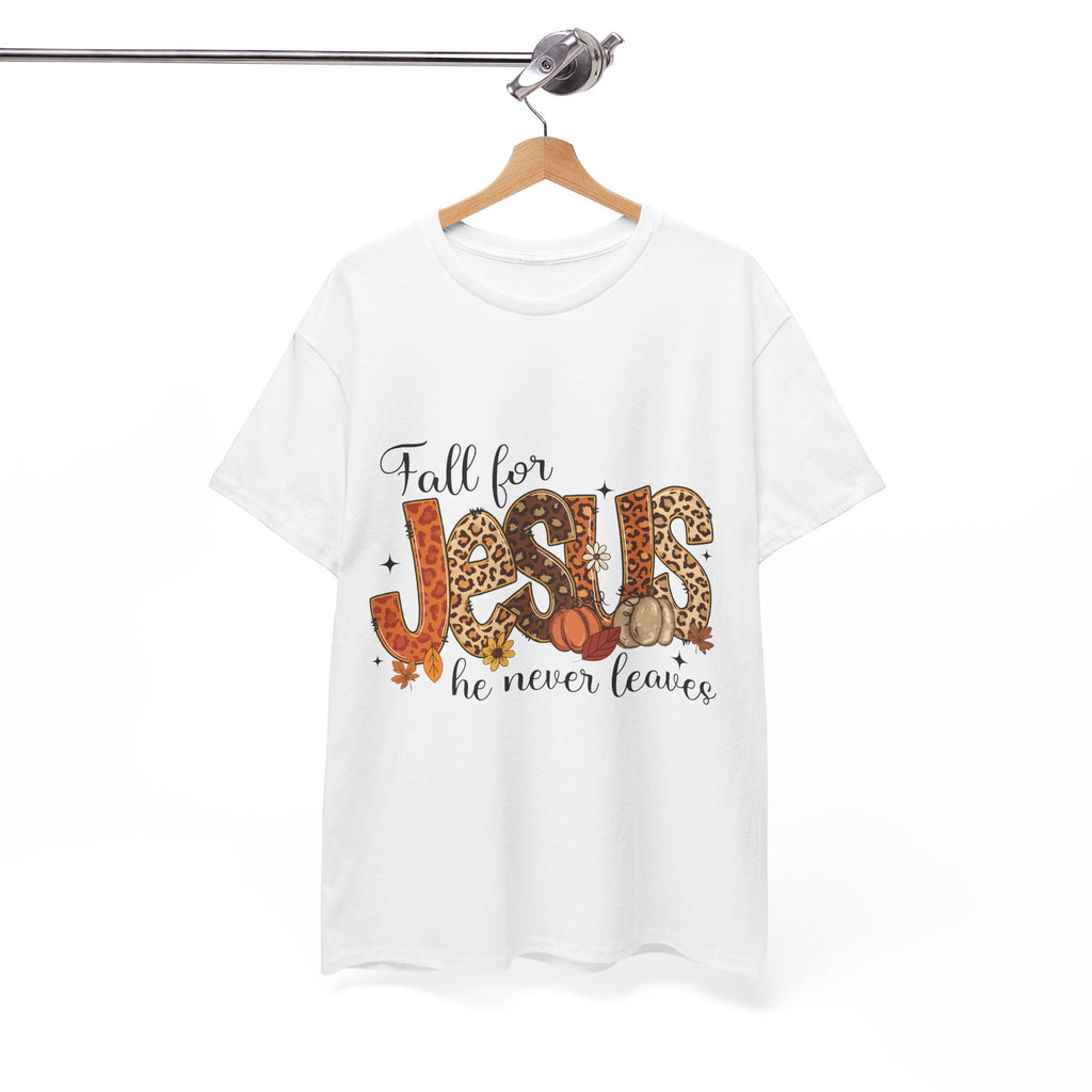 JESUS Leopard Print Fall T-Shirt — Pumpkins, Leaves & Floral Christian Unisex Cotton Tee