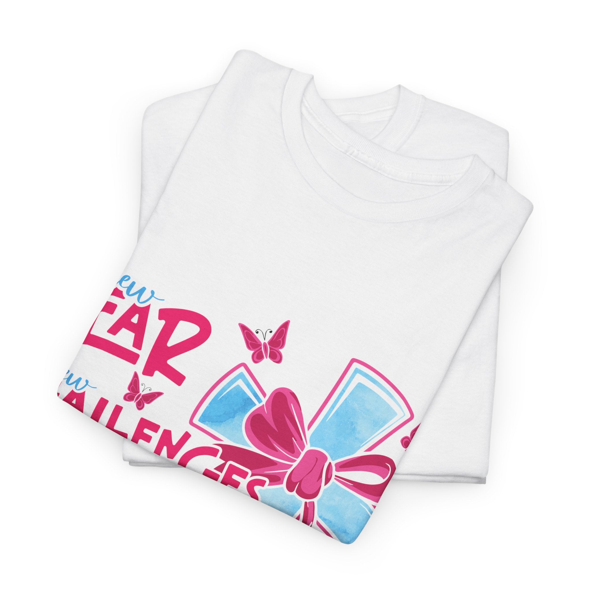 Christian T-Shirt — “New Year, New Challenges, Same Great God” with Pink Bow Cross & Butterflies. Unisex Cotton Tee