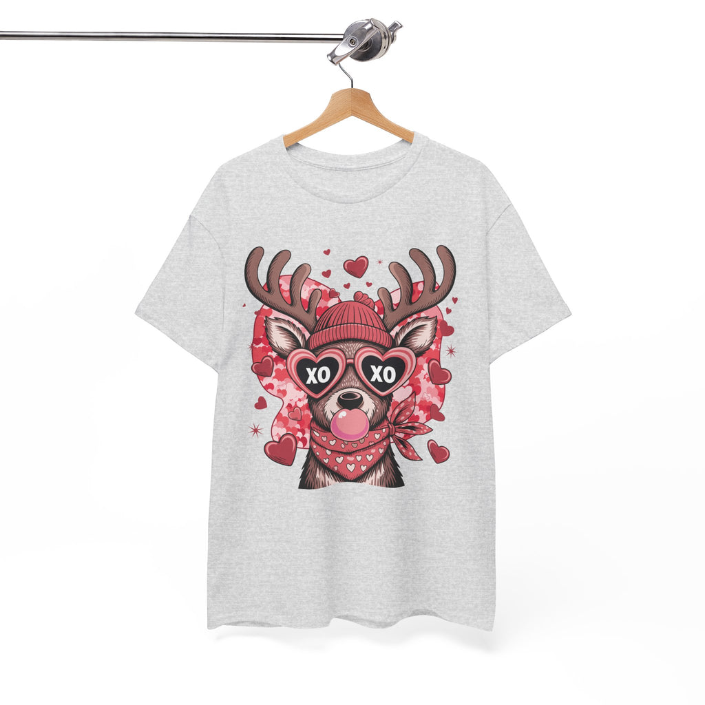 Valentine Deer Tee — Cute XO Heart Glasses, Beanie & Scarf Unisex Cotton Tshirt