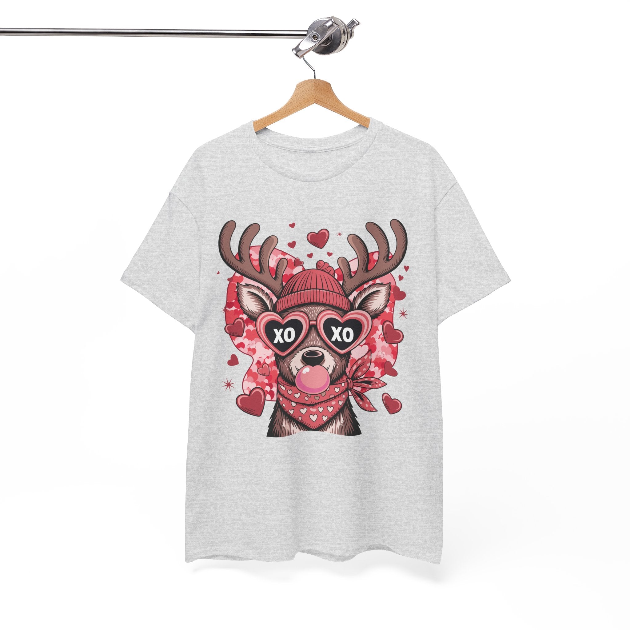 Valentine Deer Tee — Cute XO Heart Glasses, Beanie & Scarf Unisex Cotton Tshirt