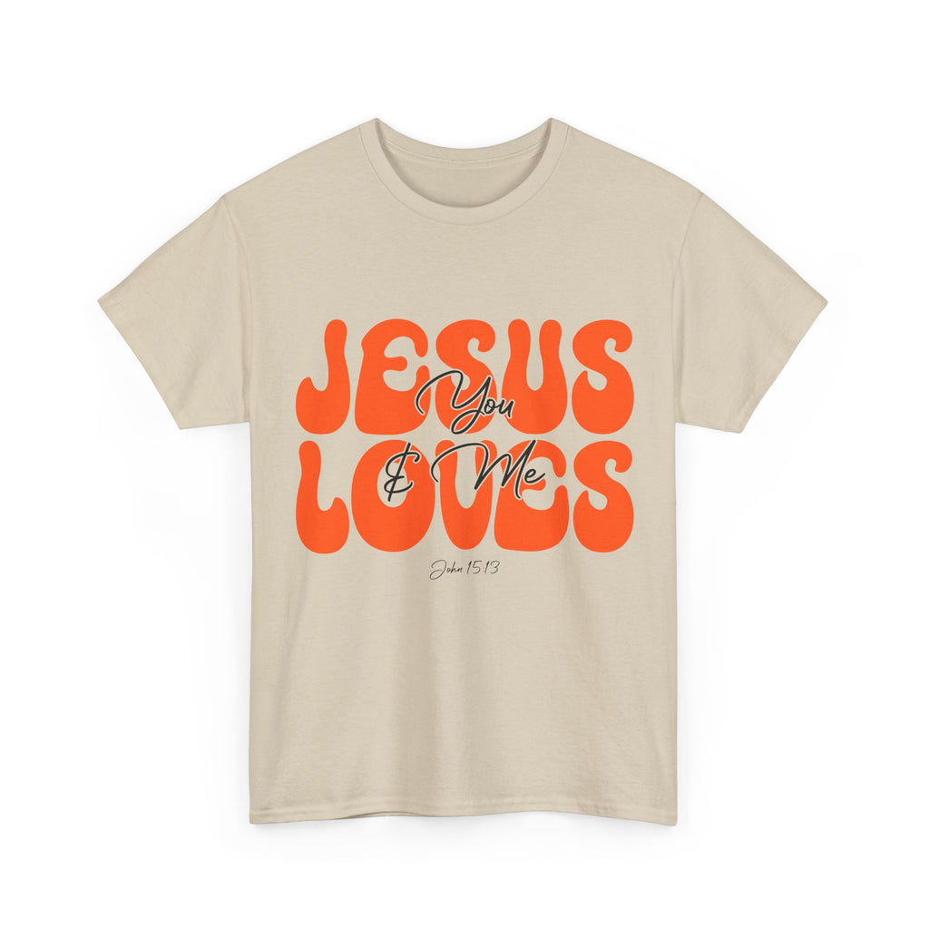 Jesus Loves You & Me Retro Tee — Playful Orange Bubbly Christian Unisex Cotton T-Shirt