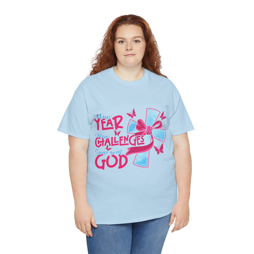 Christian T-Shirt — “New Year, New Challenges, Same Great God” with Pink Bow Cross & Butterflies. Unisex Cotton Tee