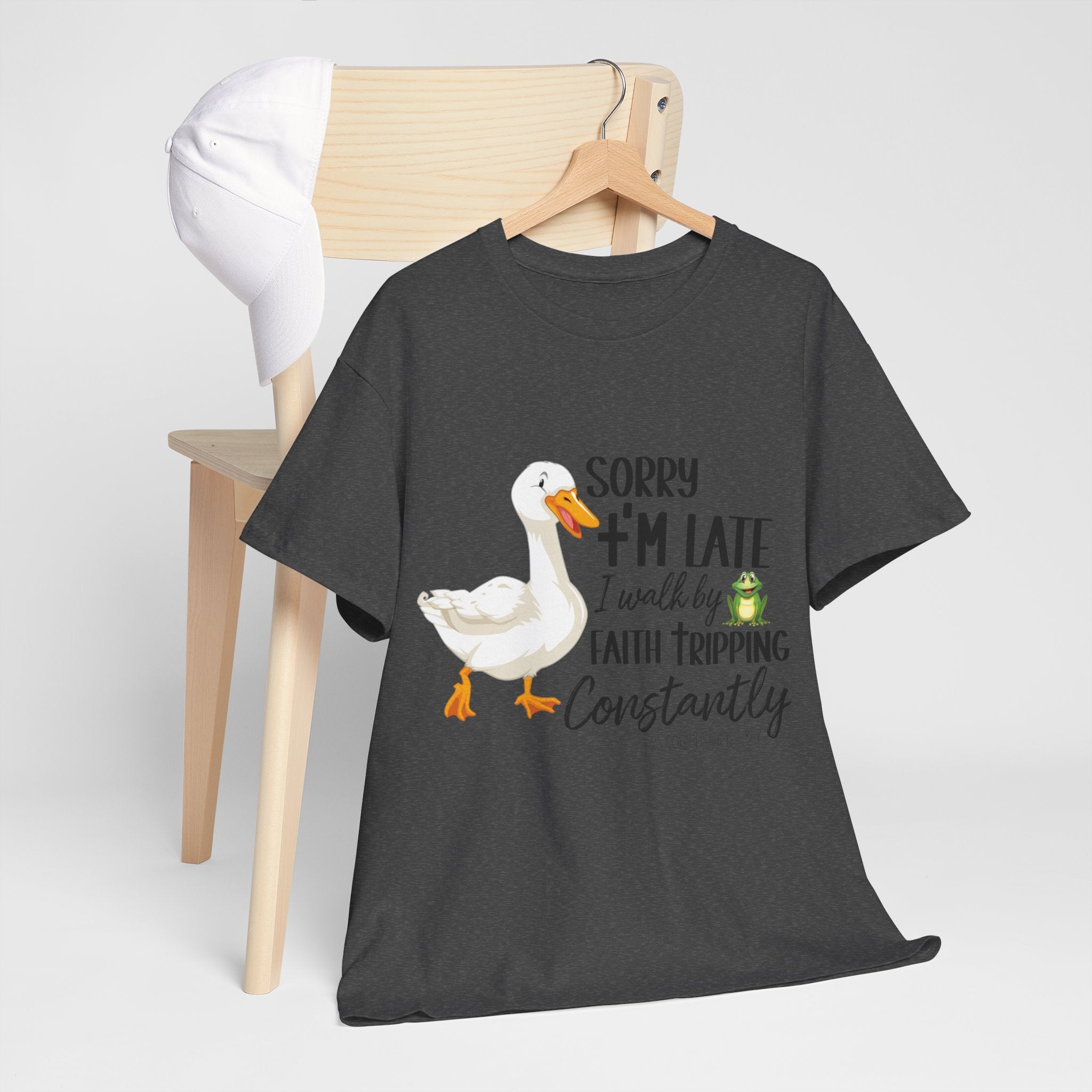 Christian Humor T-Shirt — “Sorry I’m Late, I Walk by Faith Tripping Constantly” (Duck & Frog). Unisex Cotton Tee