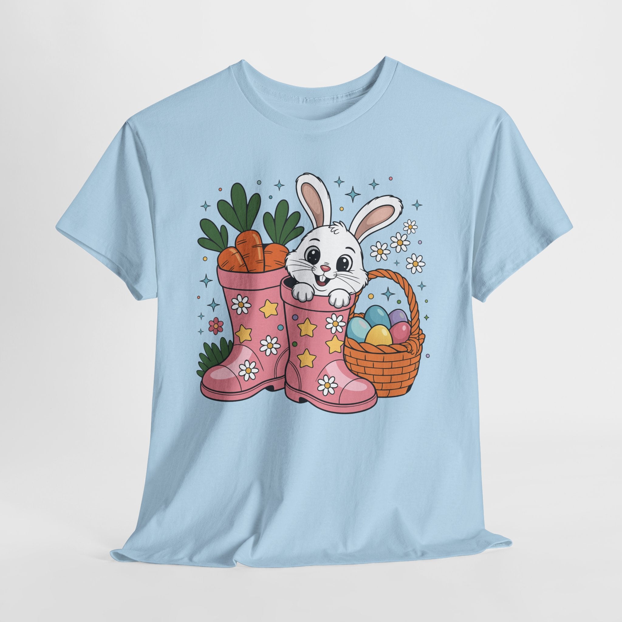 Easter Bunny in Pink Rain Boots T-Shirt — Cartoon Bunny, Carrots & Colorful Eggs Unisex Cotton Tee