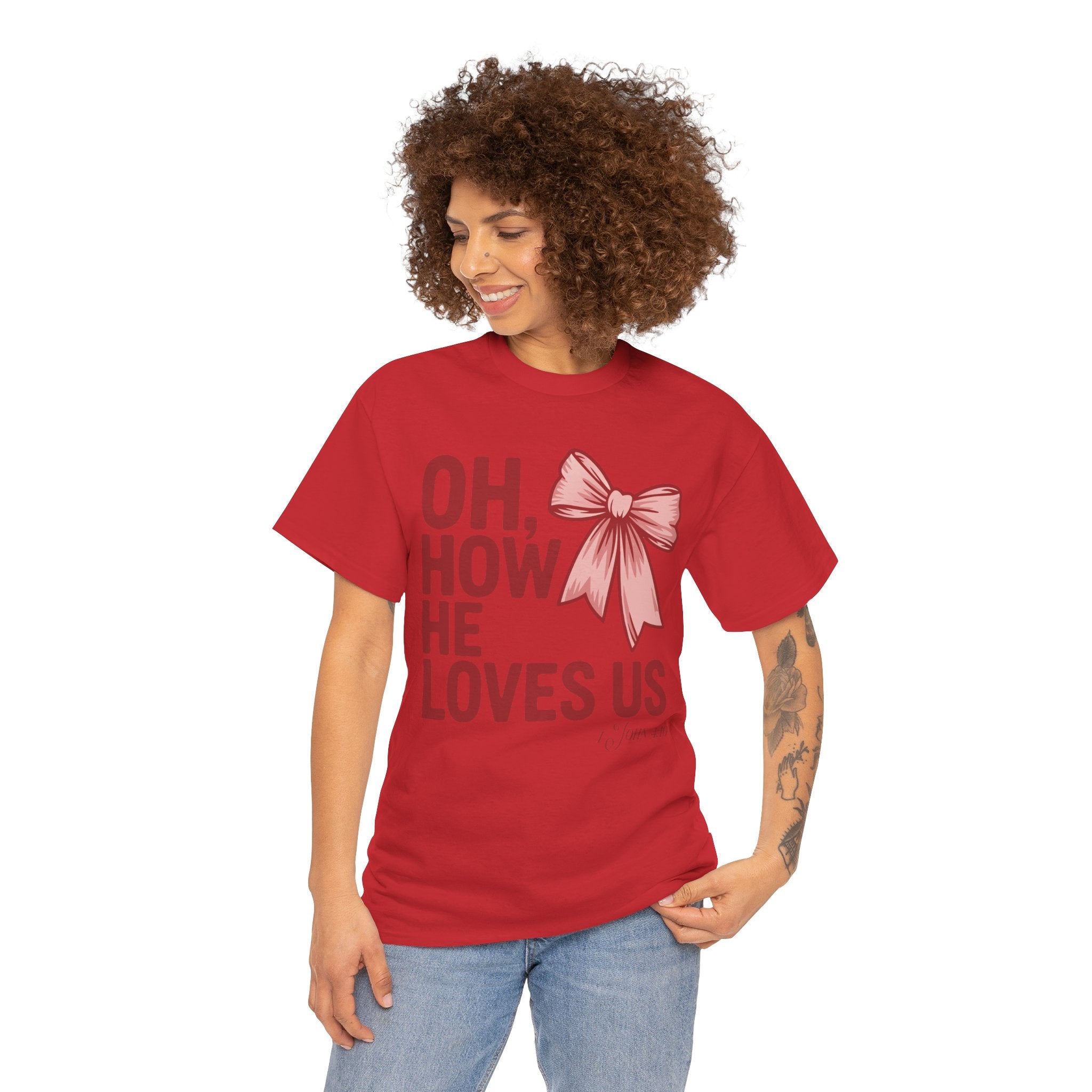 Oh, How He Loves Us Christian Valentine Tee — 1 John 4:10 Red & Pink Unisex Cotton Tee