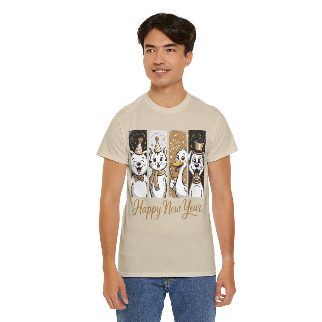 Happy New Year Party Animals T-Shirt — Cute Smiling Animals in Party Hats & Gold Fireworks..Unisex Cotton Tee