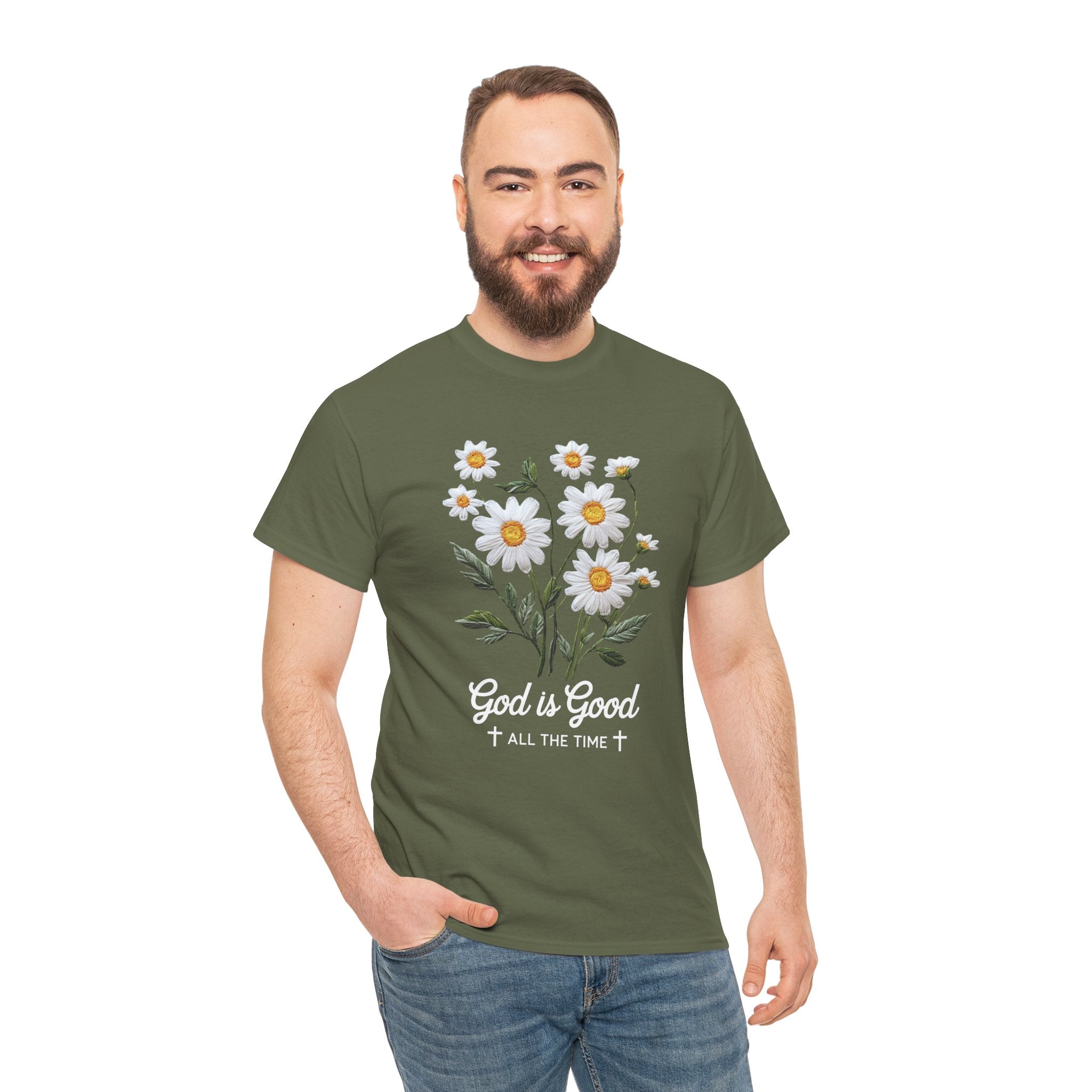 God Is Good All The Time Embroidered Daisy Unisex Cotton Tee