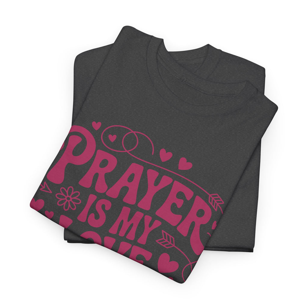 Prayer Is My Love Language Christian Tee — Pastel Pink Hearts Unisex Cotton Tee
