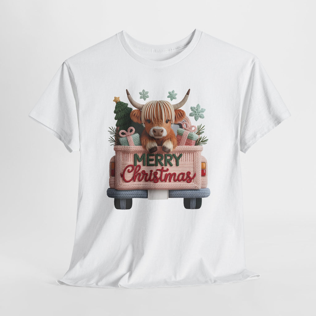 Merry Christmas Highland Cow Knit Truck Unisex Cotton T-Shirt
