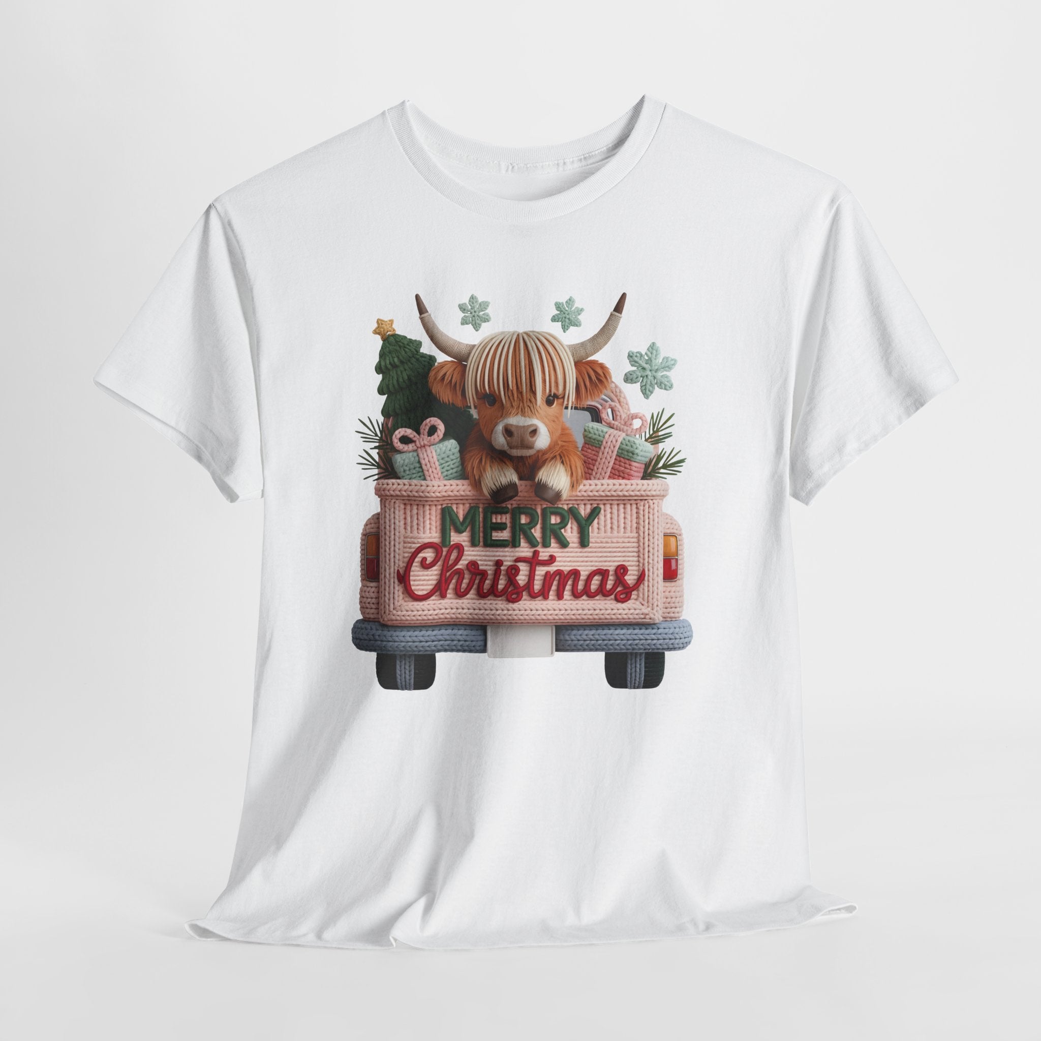 Merry Christmas Highland Cow Knit Truck Unisex Cotton T-Shirt