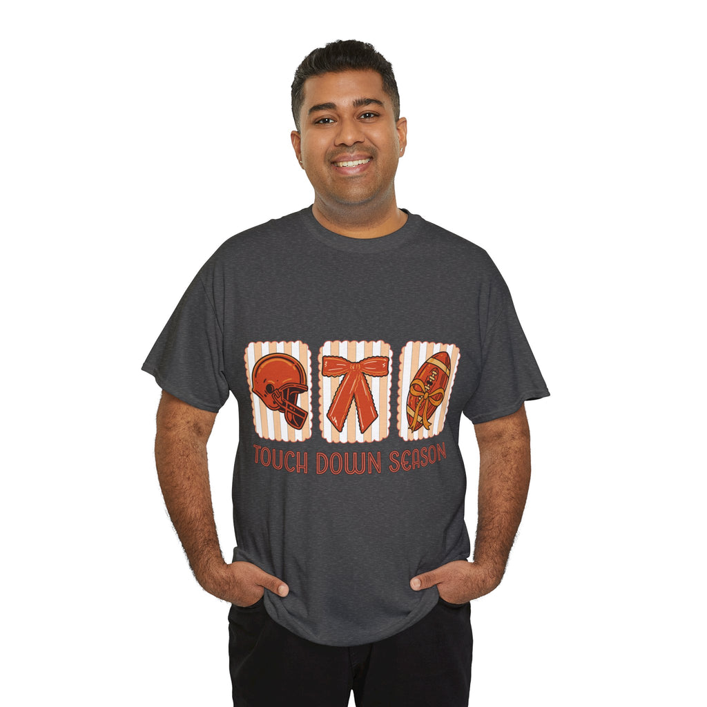 Touch Down Season Football Tee — Striped Fall Helmet & Bow Design Unisex Cotton Tee