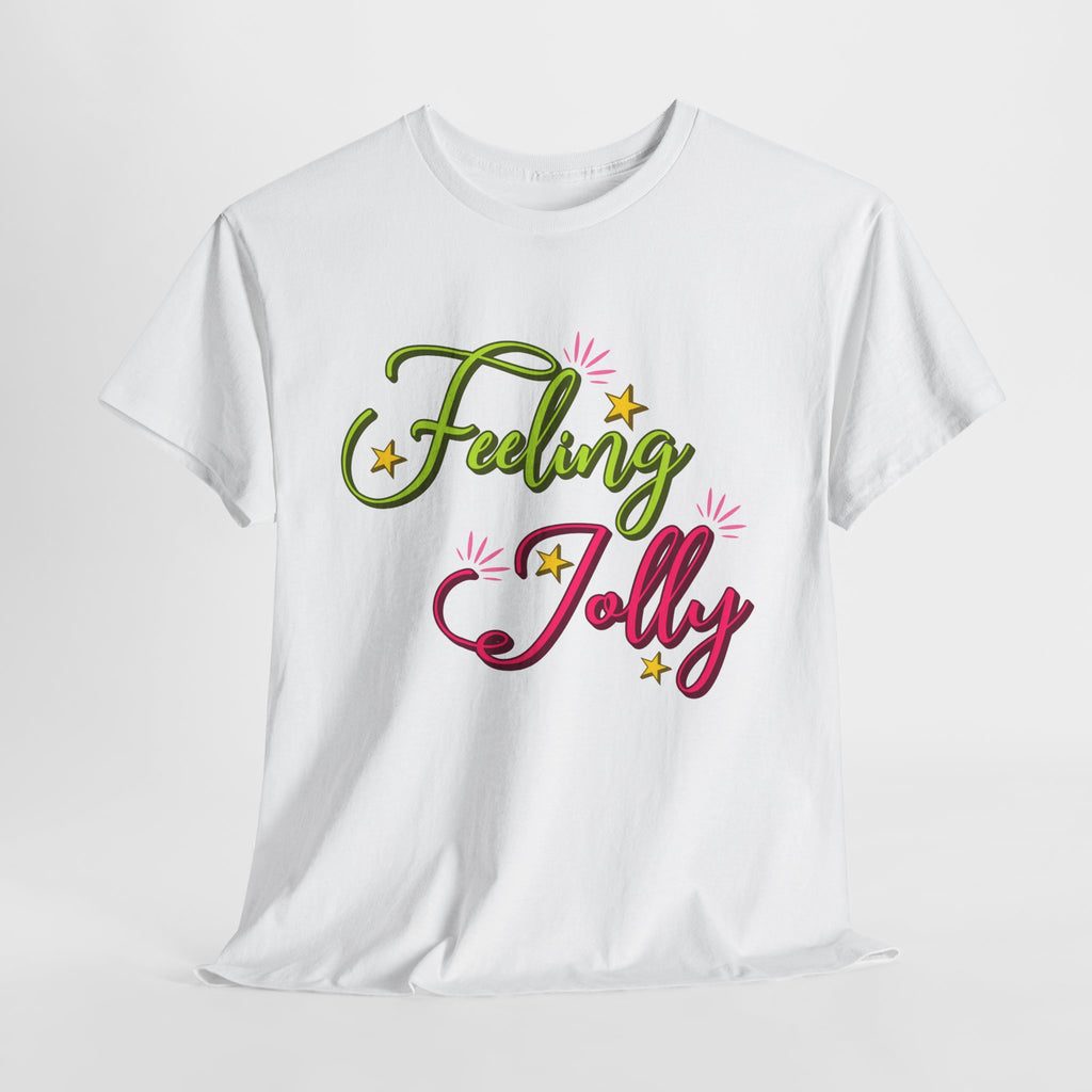 Feeling Jolly Tee — Festive Green & Pink Script with Yellow Stars Unisex Cotton Tee