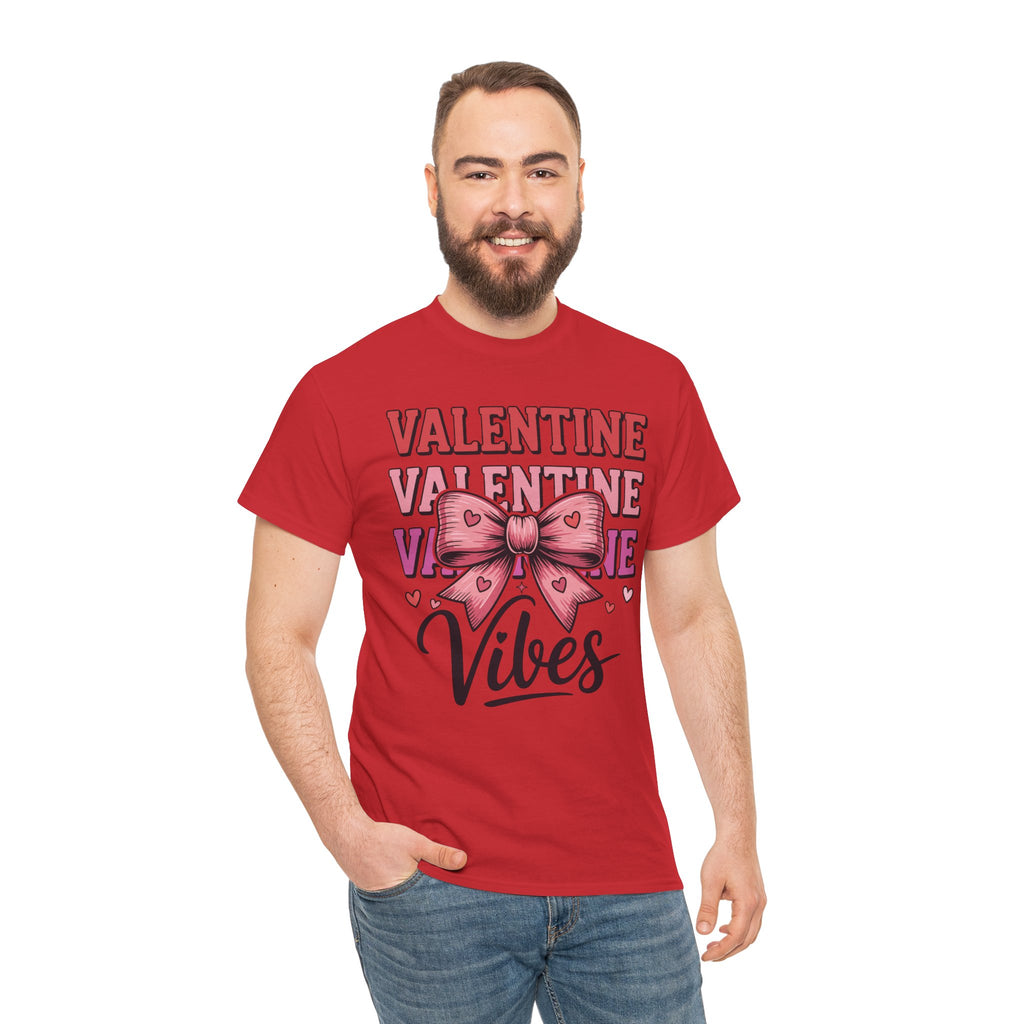 Valentine Vibes T-Shirt — Pink Bow Heart Graphic Unisex Cotton Tee