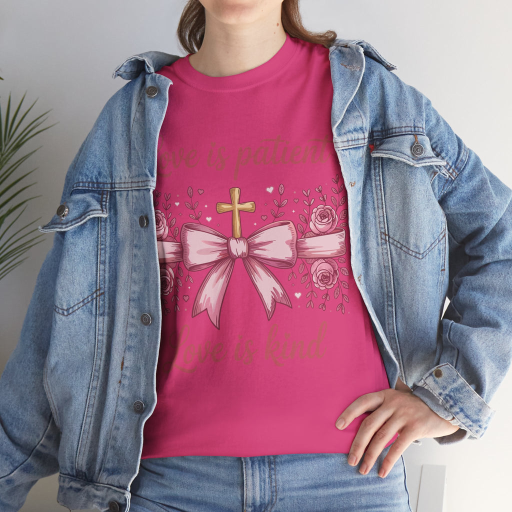 Christian Floral Tee — "Love is Patient, Love is Kind" Pink Rose Cross. Unisex Cotton Tee