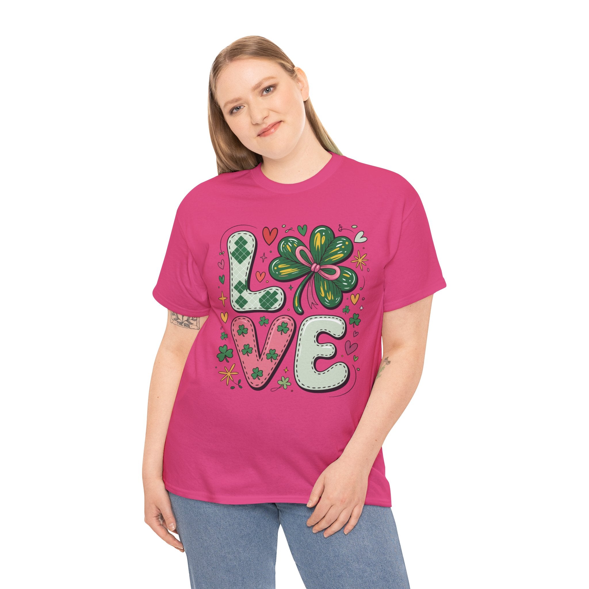 Stitched Clover 'LOVE' Tee — Heart & Patchwork St. Patrick's Unisex Cotton T-Shirt