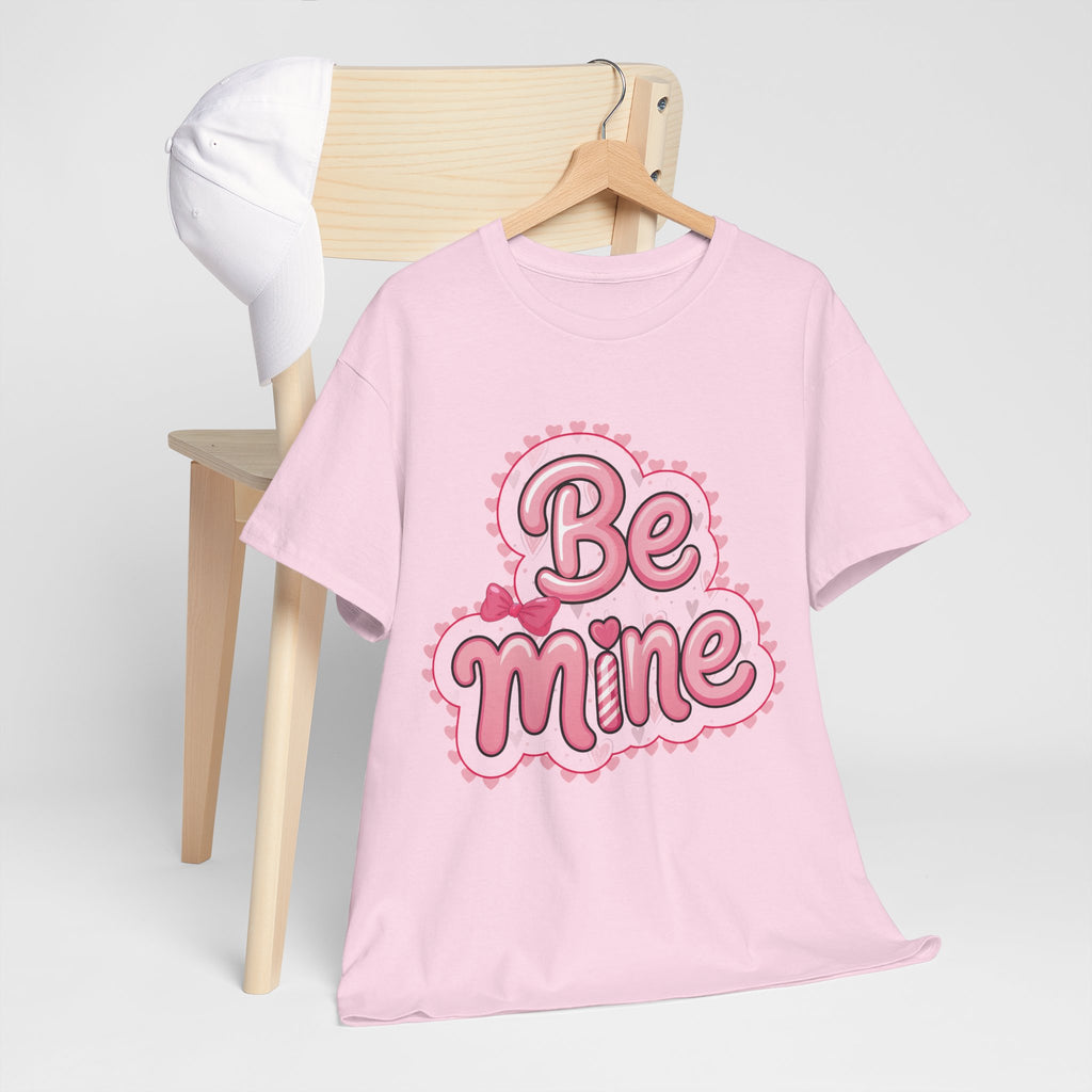 Be Mine Valentine T-Shirt — Pink Bubble Letters with Hearts & Bow..Unisex Cotton Tee