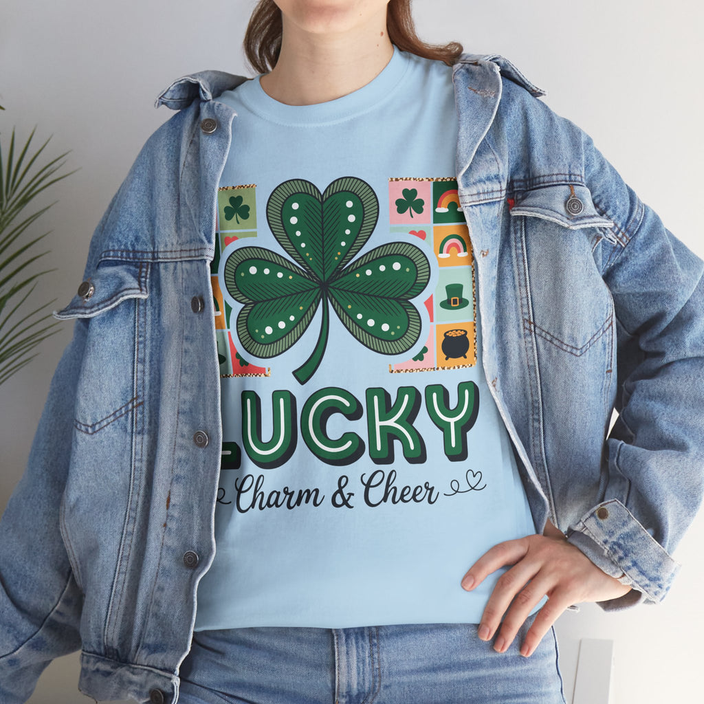 Lucky Charm & Cheer Clover Tee — Patchwork St. Patrick’s Day Unisex Cotton T-Shirt