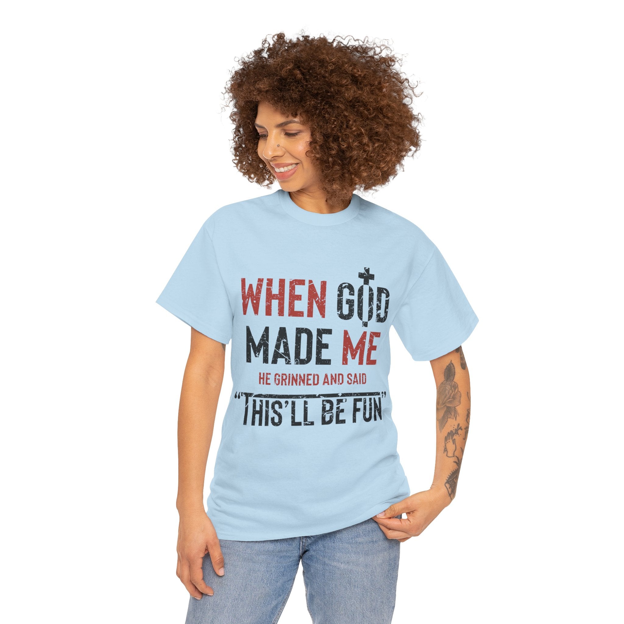 Humorous Grunge Quote Tee — "When He Saw Me, He Grinned and Said"Unisec Cotton Tee