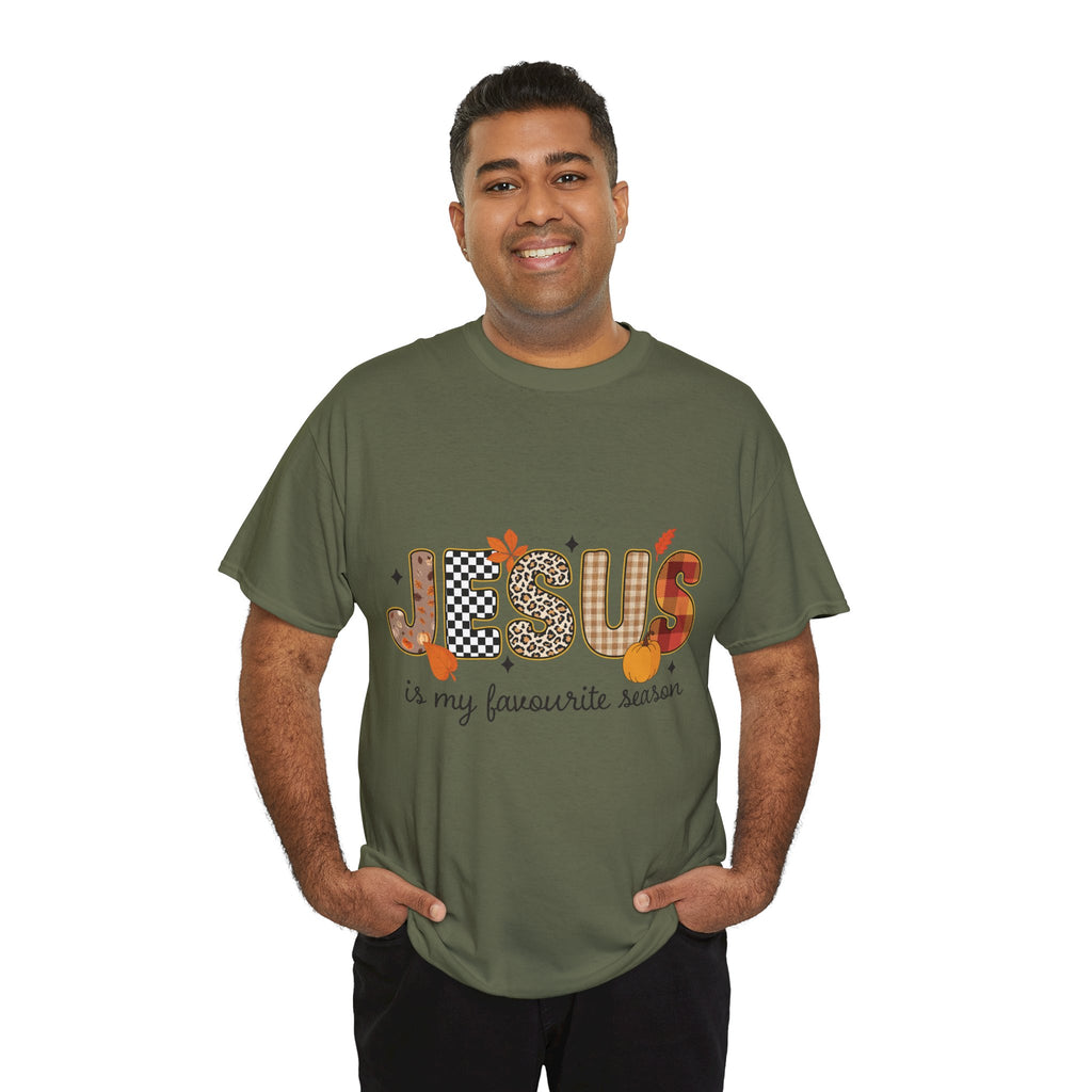 Jesus Is My Favorite Season Tee — Autumn Plaid & Leopard Lettering Unisex Cotton Tee
