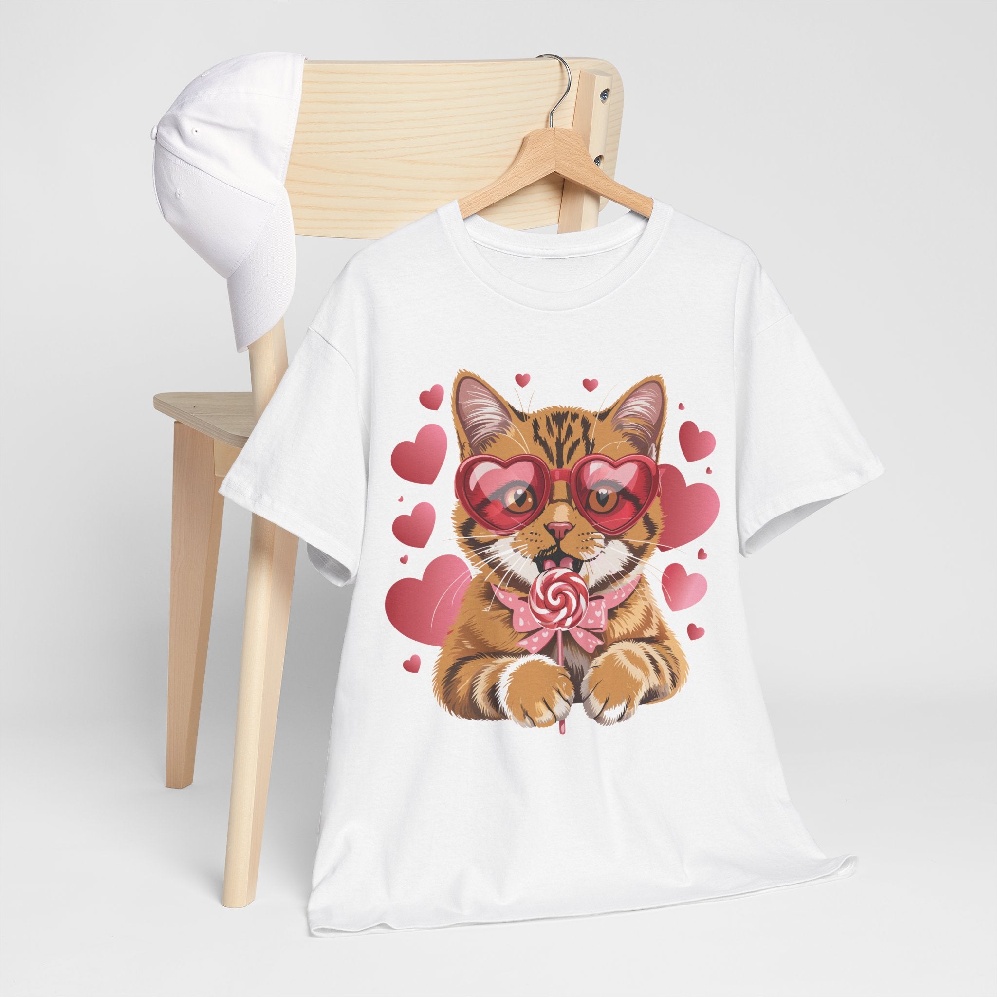 Valentine Cat Tee — Heart Glasses, Lollipop Bow Unisex Cotton Tee