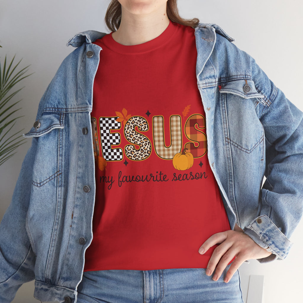 Jesus Is My Favorite Season Tee — Autumn Plaid & Leopard Lettering Unisex Cotton Tee