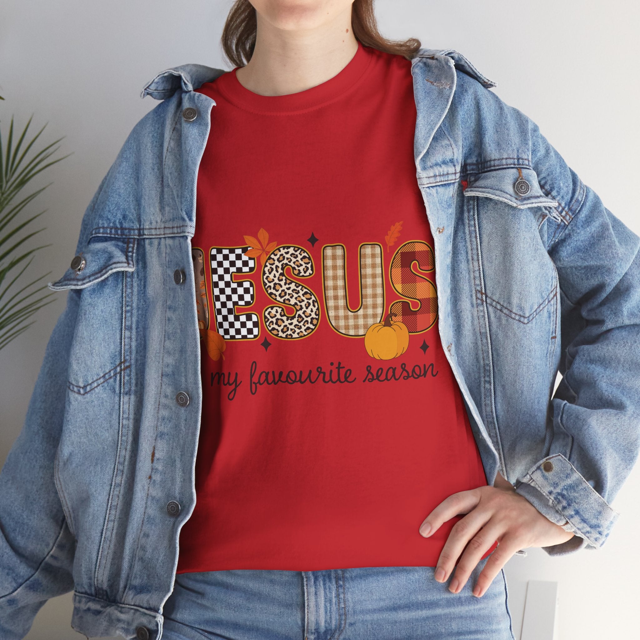 Jesus Is My Favorite Season Tee — Autumn Plaid & Leopard Lettering Unisex Cotton Tee