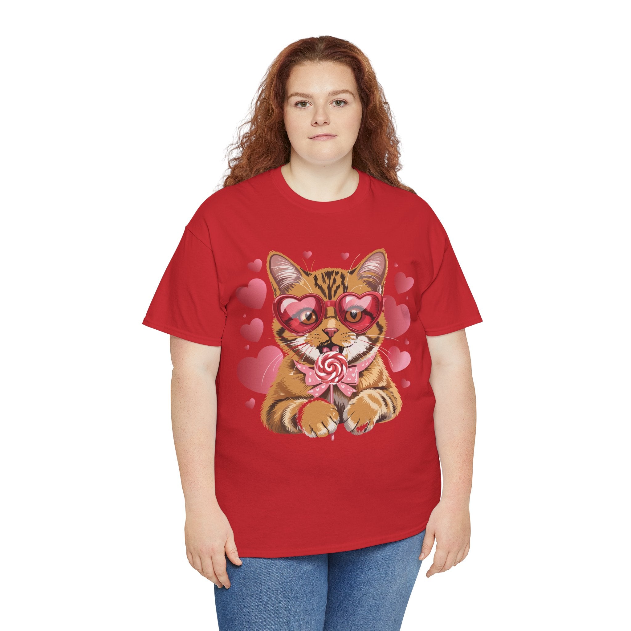 Valentine Cat Tee — Heart Glasses, Lollipop Bow Unisex Cotton Tee