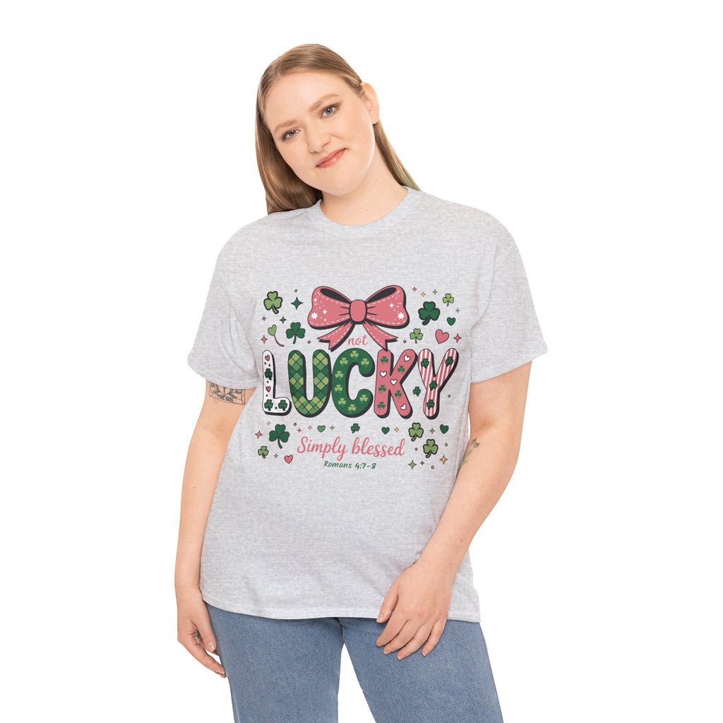 Simply Blessed Tee — “Not Lucky, Simply Blessed” with Pastel Bow, Clovers & Romans 4:7-8 Unisex Cotton Tee