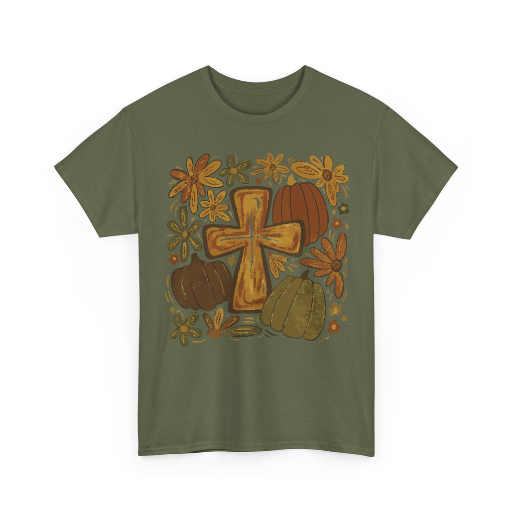 Autumn Cross Tee — Rustic Pumpkin & Fall Floral Christian Unisaex Cotton T-Shirt