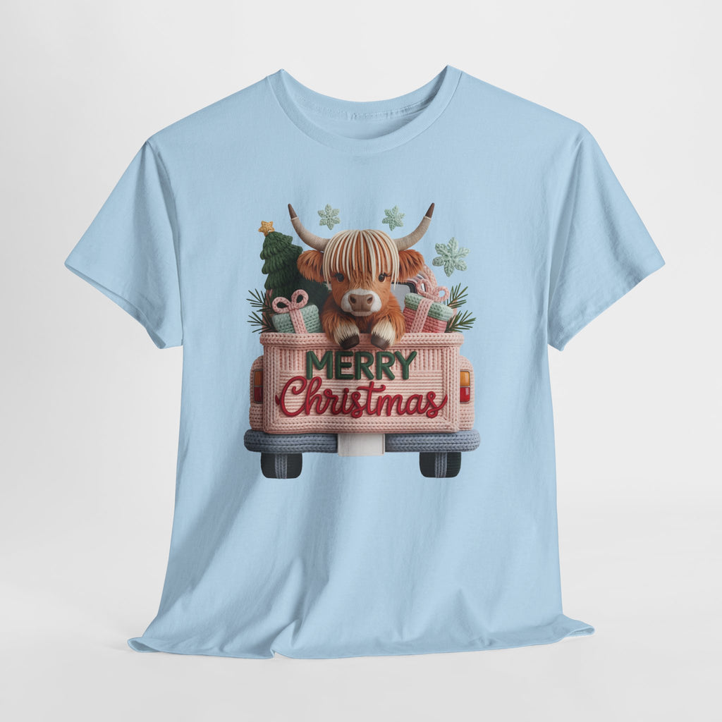 Merry Christmas Highland Cow Knit Truck Unisex Cotton T-Shirt