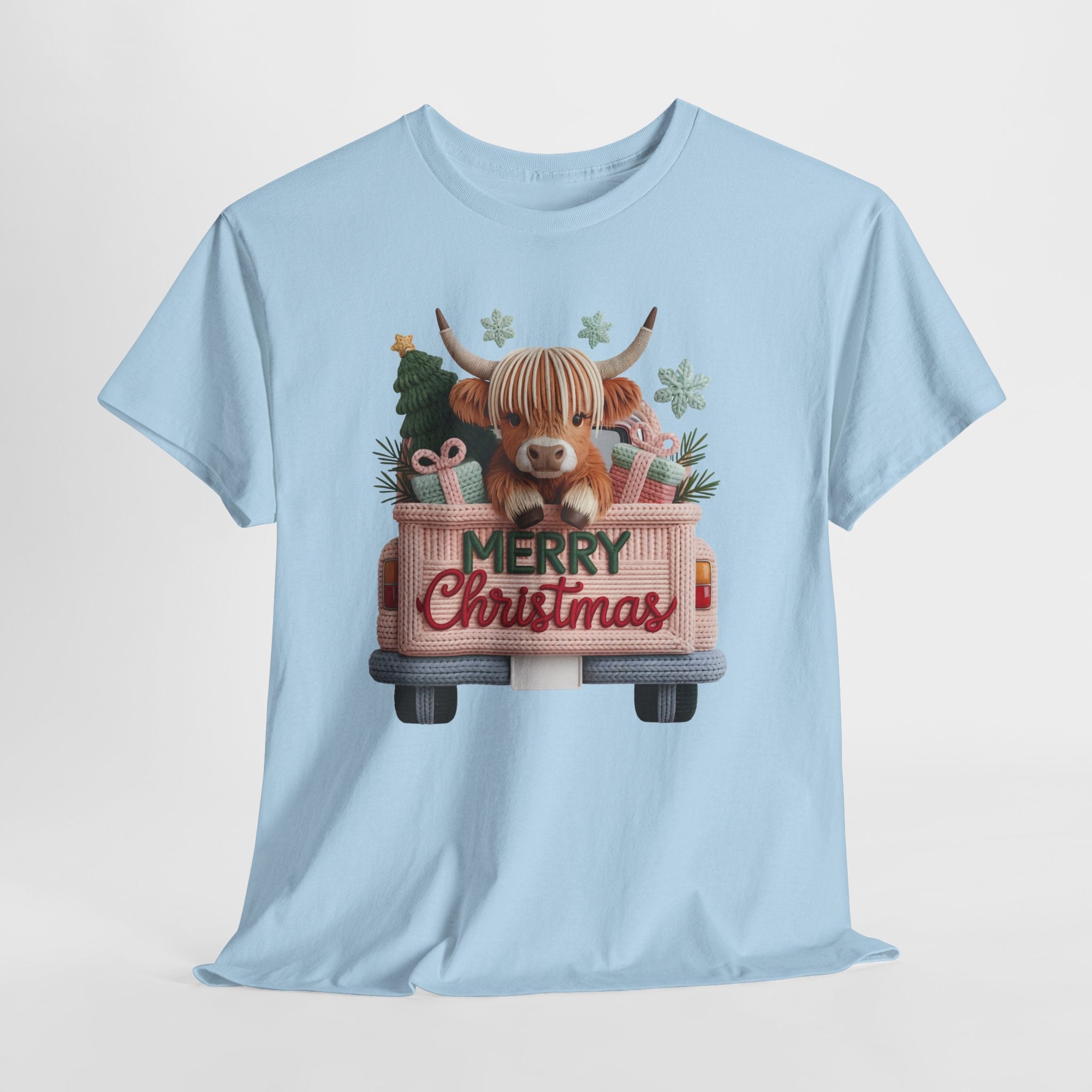 Merry Christmas Highland Cow Knit Truck Unisex Cotton T-Shirt