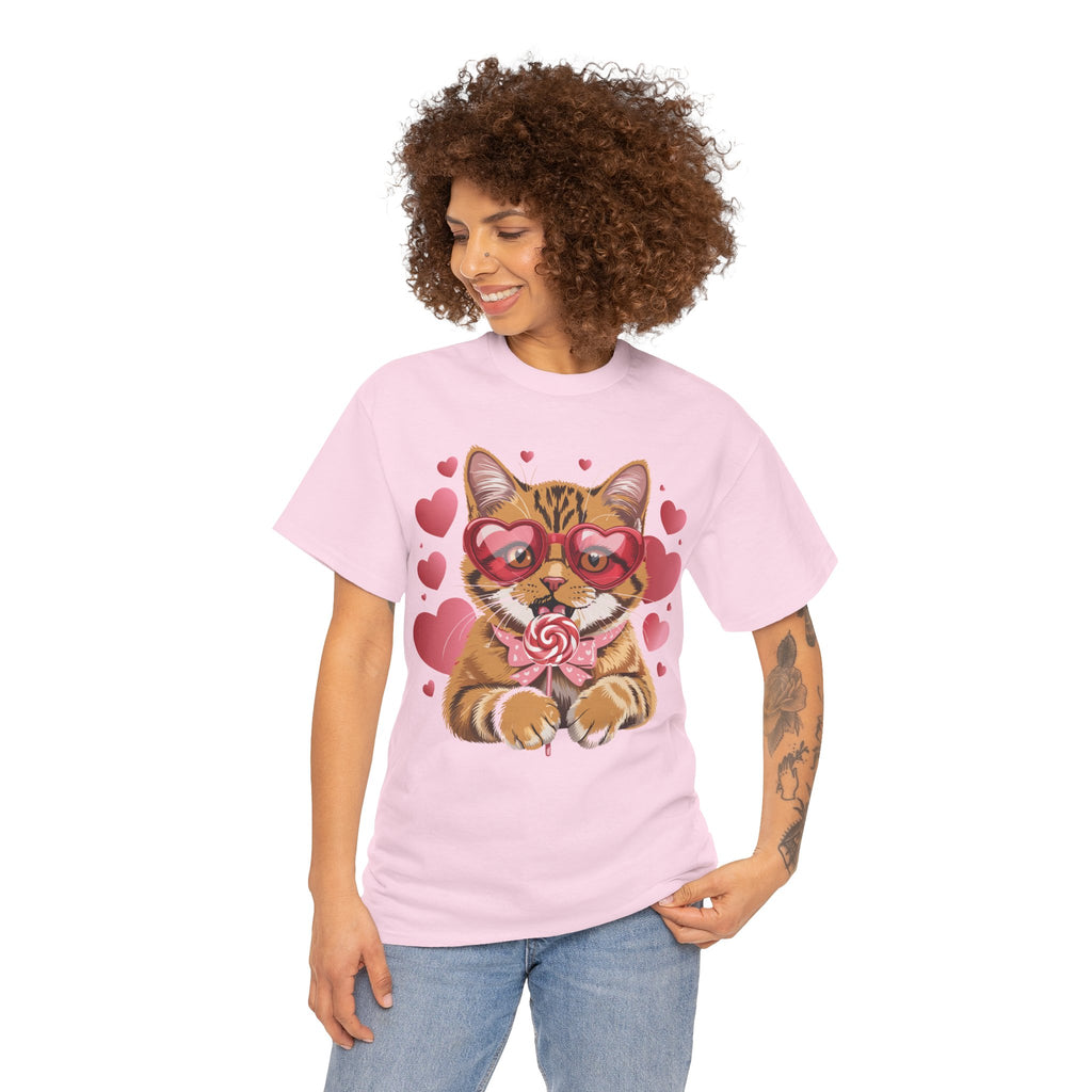 Valentine Cat Tee — Heart Glasses, Lollipop Bow Unisex Cotton Tee