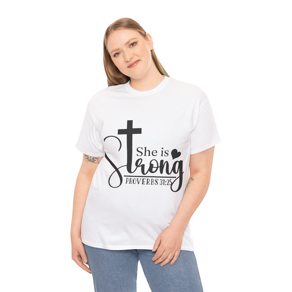 Proverbs 31:25 'She is Strong' T-Shirt – Christian Cross & Heart Unisex Cotton Tee