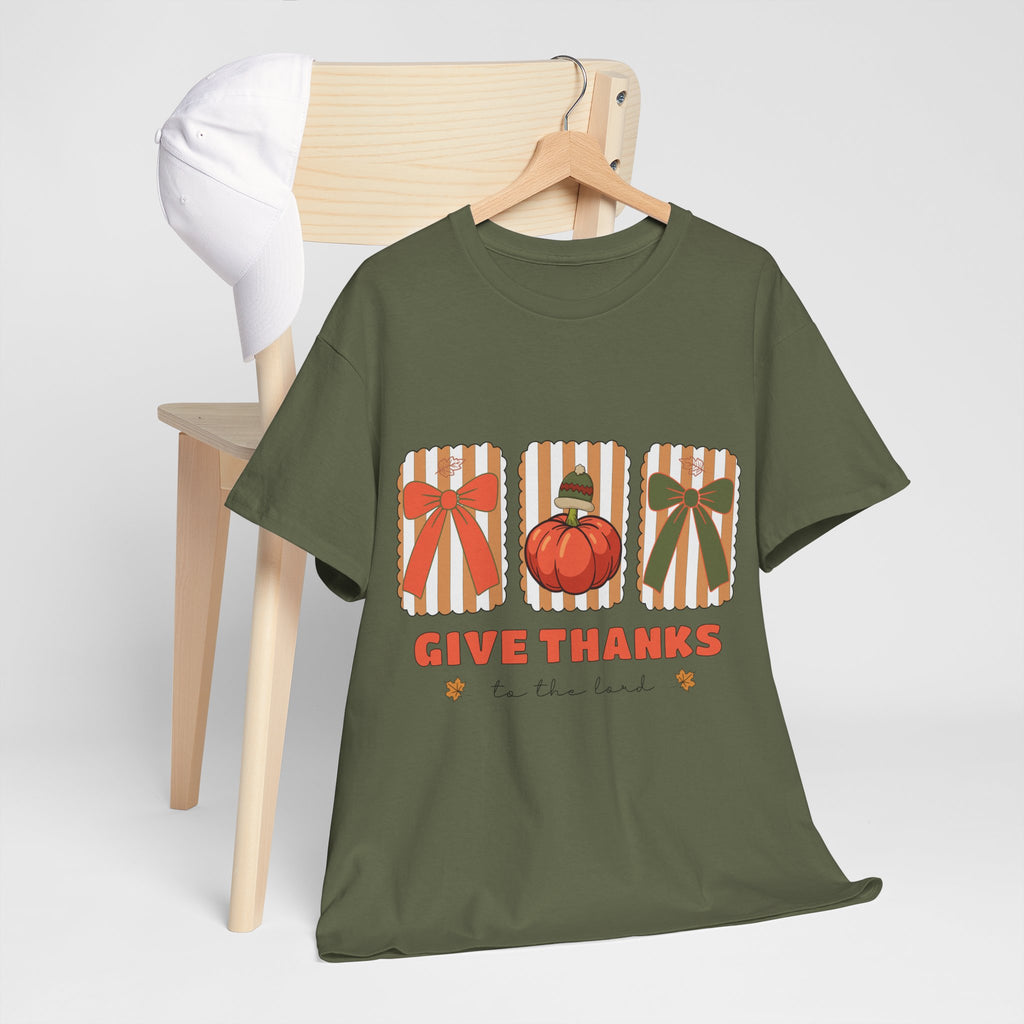 Give Thanks Thanksgiving T-Shirt — Pumpkin with Hat & Bows Unisex Cotton Tee