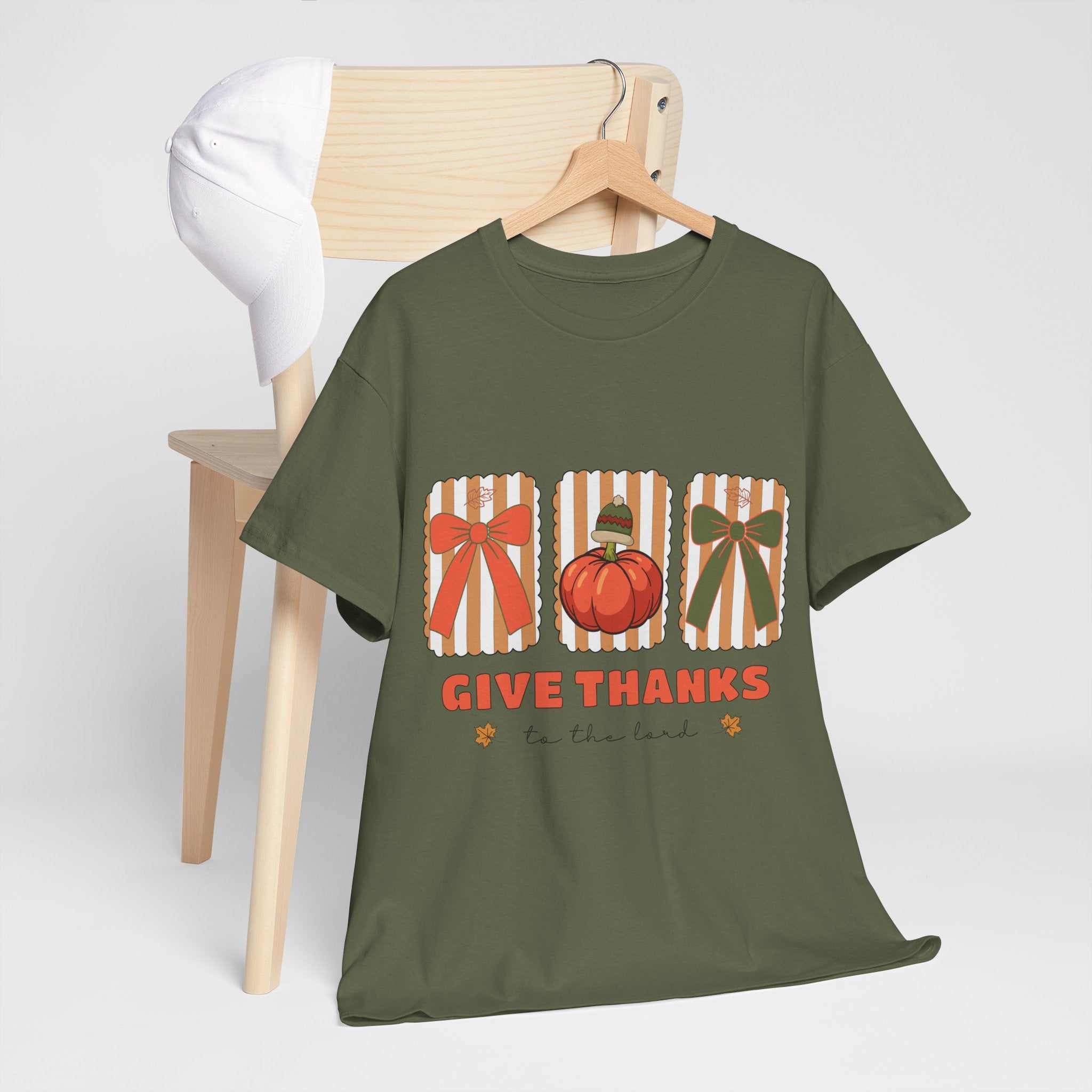 Give Thanks Thanksgiving T-Shirt — Pumpkin with Hat & Bows Unisex Cotton Tee