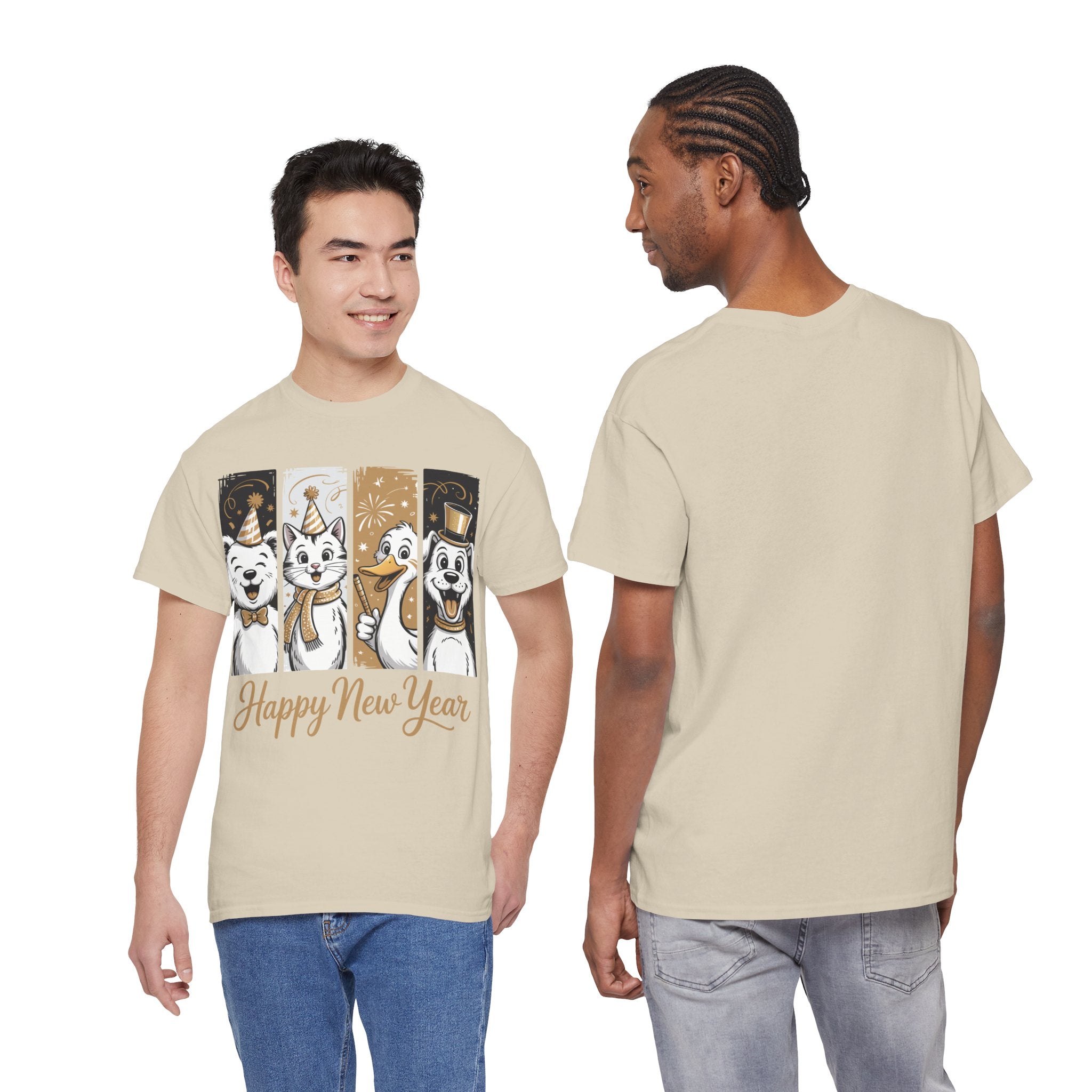 Happy New Year Party Animals T-Shirt — Cute Smiling Animals in Party Hats & Gold Fireworks..Unisex Cotton Tee